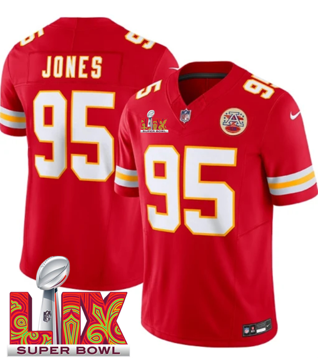 Personalized Men’s Kansas City Chiefs #95 Chris Jones Red 2025 Super Bowl LIX Patch F.U.S.E. Limited Stitched Football Jersey