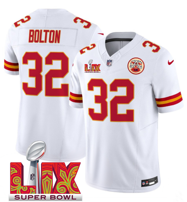 Personalized Men’s Kansas City Chiefs #32 Nick Bolton White 2025 Super Bowl LIX Patch F.U.S.E. Limited Stitched Football Jersey