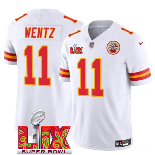 Personalized Men’s Kansas City Chiefs #11 Carson Wentz White 2025 Super Bowl LIX Patch F.U.S.E. Limited Stitched Football Jersey