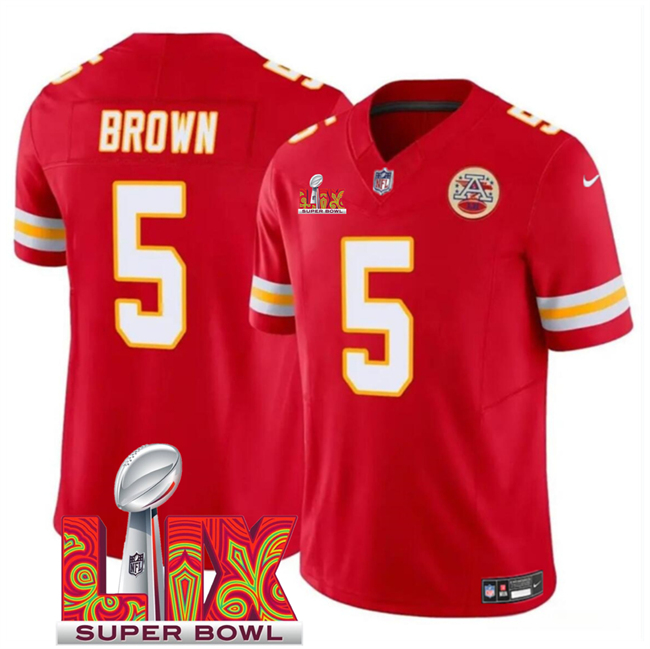 Personalized Men’s Kansas City Chiefs #5 Hollywood Brown Red 2025 Super Bowl LIX Patch F.U.S.E. Limited Stitched Football Jersey