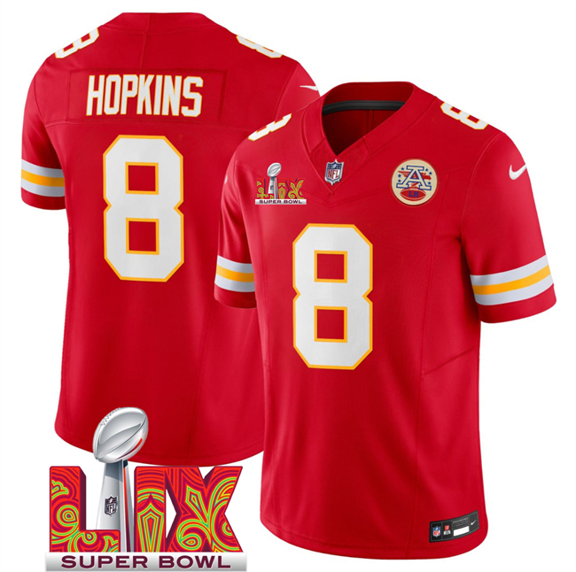 Personalized Men’s Kansas City Chiefs #8 DeAndre Hopkins Red 2025 Super Bowl LIX Patch F.U.S.E. Limited Stitched Football Jersey