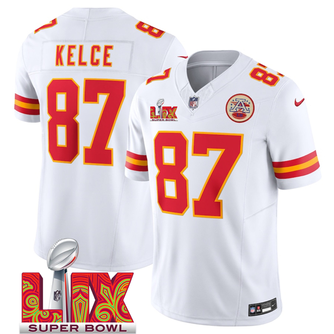 Personalized Men’s Kansas City Chiefs #87 Travis Kelce White 2025 Super Bowl LIX Patch F.U.S.E. Limited Stitched Football Jersey