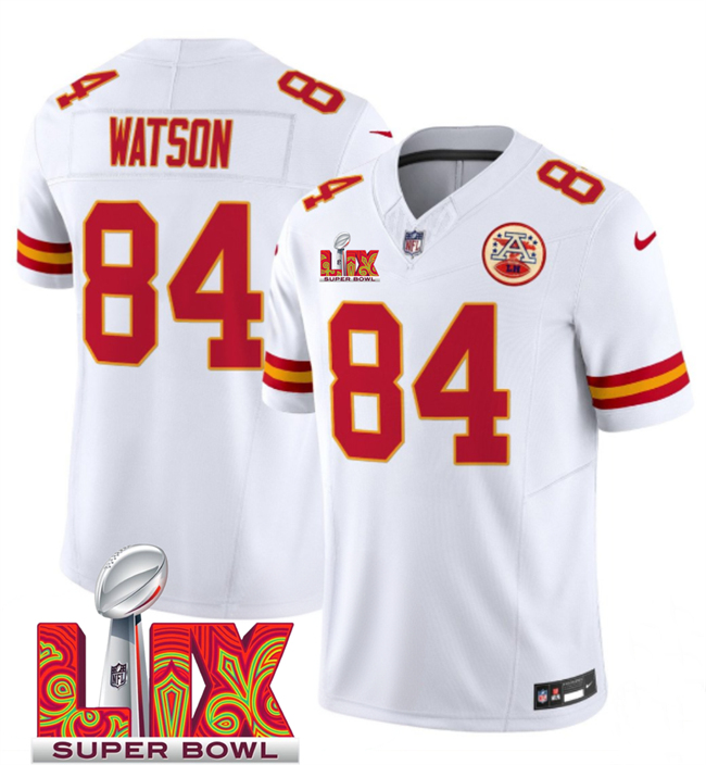 Personalized Men’s Kansas City Chiefs #84 Justin Watson White 2025 Super Bowl LIX Patch F.U.S.E. Limited Stitched Football Jersey