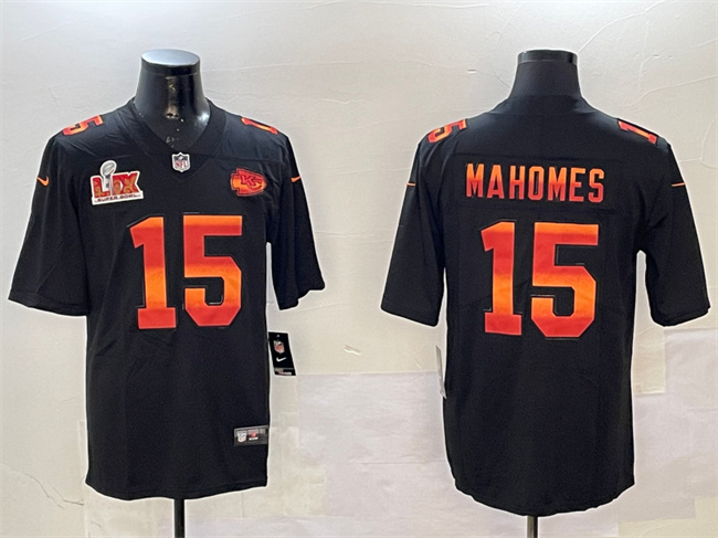 Personalized Men’s Kansas City Chiefs #15 Patrick Mahomes Black 2025 Super Bowl LIX Patch Fashion Limited Stitched Football Jersey