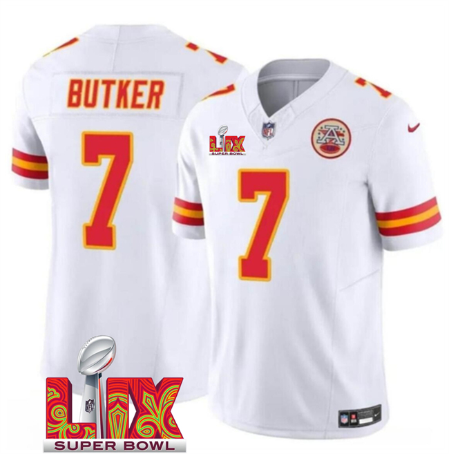 Personalized Men’s Kansas City Chiefs #7 Harrison Butker White 2025 Super Bowl LIX Patch F.U.S.E. Limited Stitched Football Jersey