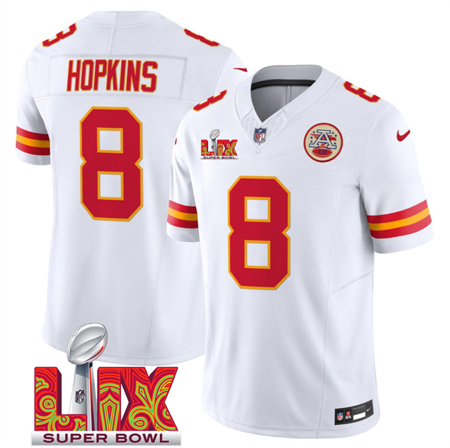 Personalized Men’s Kansas City Chiefs #8 DeAndre Hopkins White 2025 Super Bowl LIX Patch F.U.S.E. Limited Stitched Football Jersey