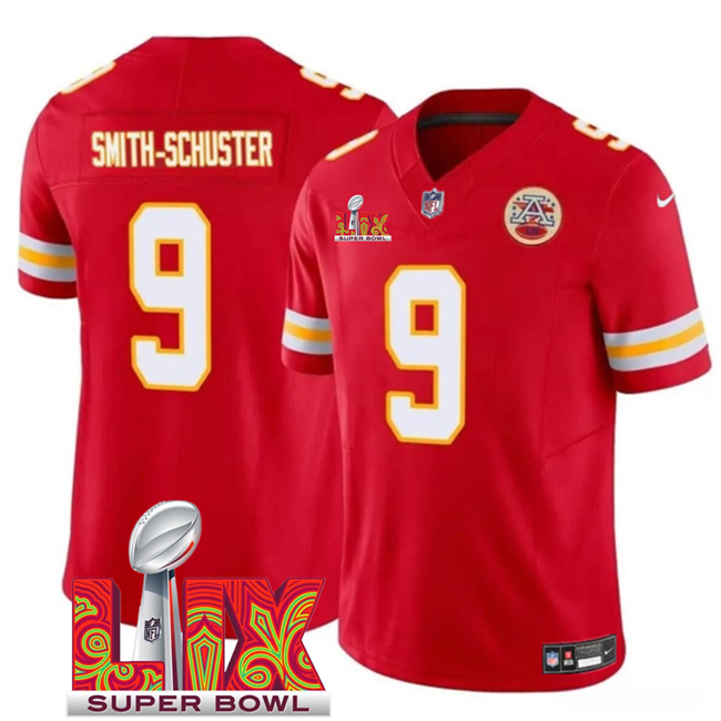 Personalized Men’s Kansas City Chiefs #9 JuJu Smith-Schuster Red 2025 Super Bowl LIX Patch F.U.S.E. Limited Stitched Football Jersey