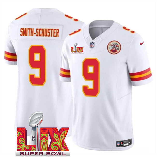 Personalized Men’s Kansas City Chiefs #9 JuJu Smith-Schuster White 2025 Super Bowl LIX Patch F.U.S.E. Limited Stitched Football Jersey