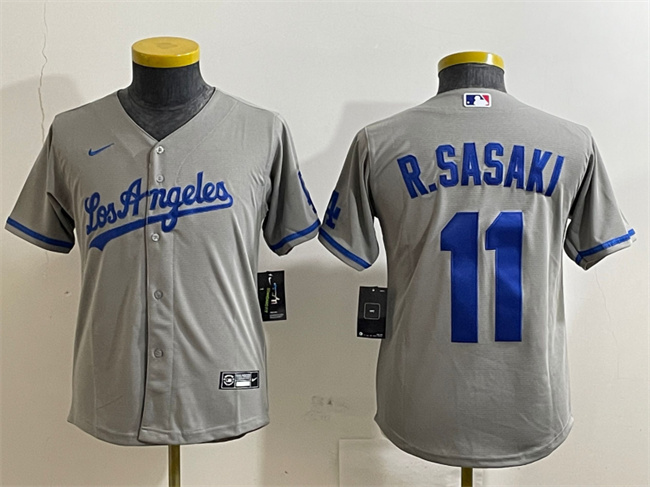 Personalized Youth Los Angeles Dodgers #11 Roki Sasaki Grey Cool Base Stitched Baseball Jersey
