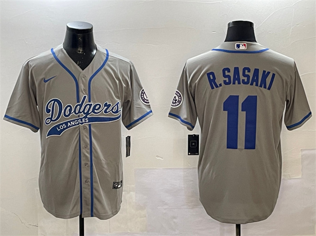 Personalized Men’s Los Angeles Dodgers #11 Roki Sasaki Grey With Patch Cool Base Stitched Baseball Jersey