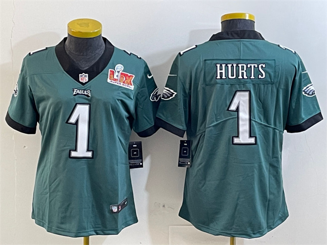 Personalized Women’s Philadelphia Eagles #1 Jalen Hurts Green 2025 Super Bowl LIX Patch Untouchable Limited Stitched Football Jersey(Run Small)