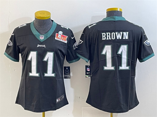 Personalized Women’s Philadelphia Eagles #11 A. J. Brown Black 2025 Super Bowl LIX Patch Untouchable Limited Stitched Football Jersey(Run Small)