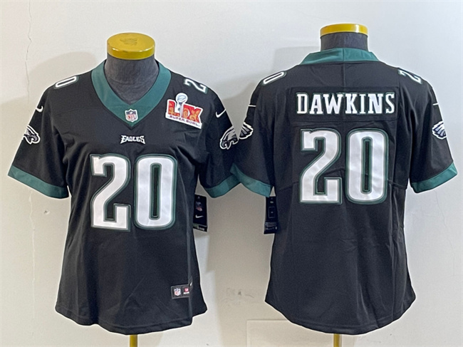 Personalized Women’s Philadelphia Eagles #20 Brian Dawkins Black 2025 Super Bowl LIX Patch Untouchable Limited Stitched Football Jersey(Run Small)