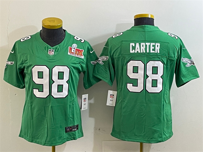Personalized Women’s Philadelphia Eagles #98 Jalen Carter Green 2025 Super Bowl LIX Patch F.U.S.E. Throwback Untouchable Limited Stitched Football Jersey(Run Small)