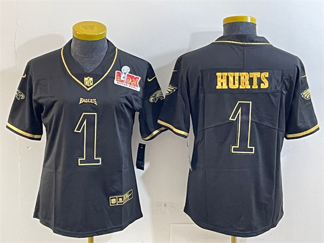 Personalized Women’s Philadelphia Eagles #1 Jalen Hurts Black Gold 2025 Super Bowl LIX Patch Salute To Service Untouchable Limited Stitched Football Jersey(Run Small)