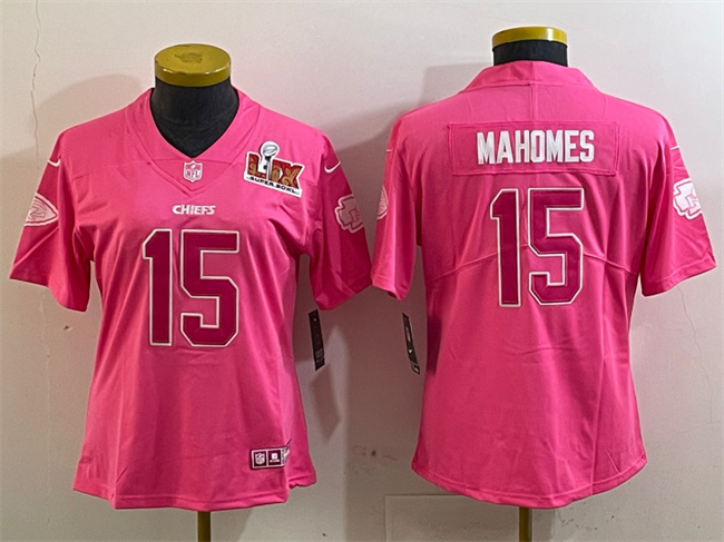 Personalized Women’s Kansas City Chiefs #15 Patrick Mahomes Pink 2025 Super Bowl LIX Patch Untouchable Limited Stitched Football Jersey(Run Small)