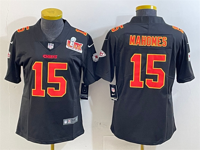 Personalized Women’s Kansas City Chiefs #15 Patrick Mahomes Black 2025 Super Bowl LIX Patch Untouchable Limited Stitched Football Jersey(Run Small)