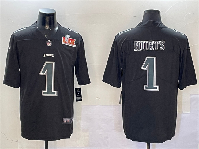 Personalized Men’s Philadelphia Eagles #1 Jalen Hurts Black 2025 Super Bowl LIX Patch Fashion Untouchable Limited Stitched Football Jersey