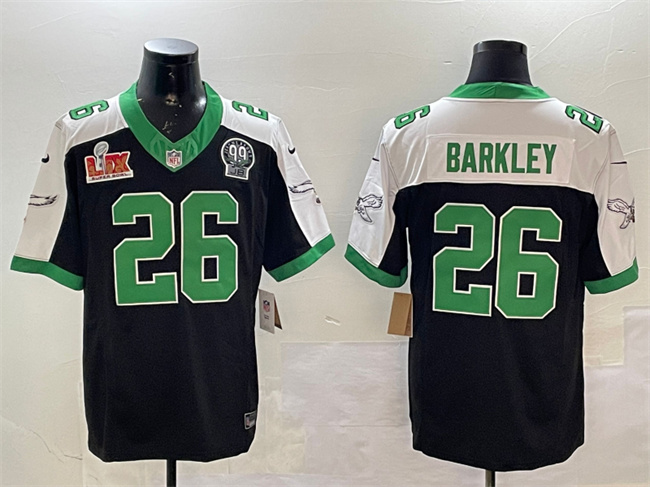 Personalized Men’s Philadelphia Eagles #26 Saquon Barkley Black 2025 Super Bowl LIX Patch And Jerome Brown Patch F.U.S.E. Alternate Stitched Football Jersey