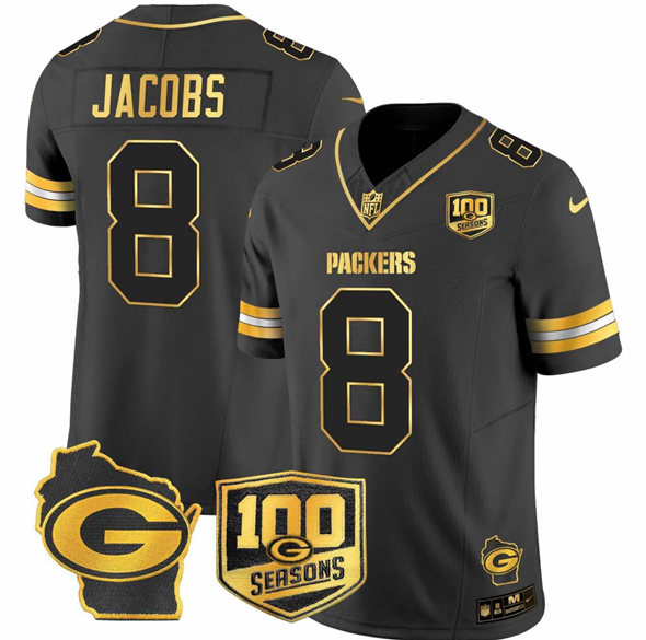 Personalized Men’s Green Bay Packers #8 Josh Jacobs #8 Josh Jacobs Black Gold F.U.S.E.100 Seasons With Home Patch Limited Stitched Football Jersey