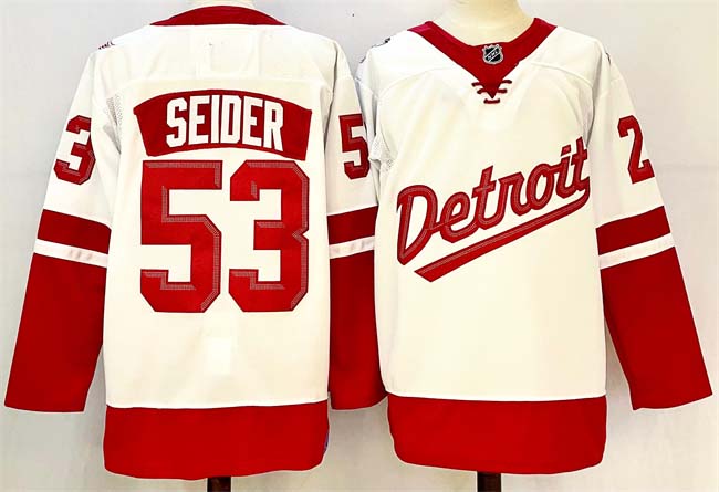 Personalized Men’s Detroit Red Wings #53 Moritz Seider White Red 2024-25 Stitched Jersey