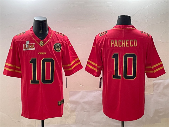 Personalized Men’s Kansas City Chiefs #10 Isiah Pacheco Red Gold 2025 Super Bowl LIX Patch Limited Stitched Football Jersey
