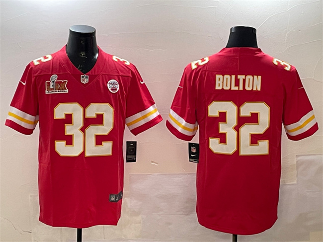 Personalized Men’s Kansas City Chiefs #32 Nick Bolton Red 2025 Super Bowl LIX Patch Untouchable Limited Stitched Football Jersey