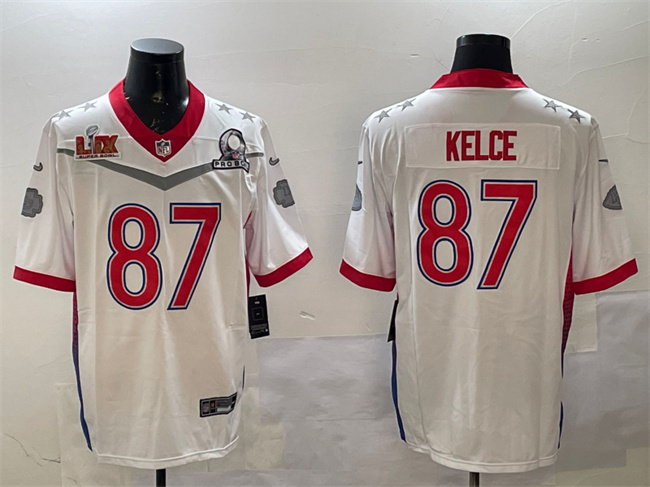 Personalized Men’s Kansas City Chiefs #87 Travis Kelce White 2025 Super Bowl LIX Patch Pro Bowl Limited Stitched Football Jersey