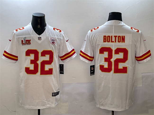 Personalized Men’s Kansas City Chiefs #32 Nick Bolton White 2025 Super Bowl LIX Patch Untouchable Limited Stitched Football Jersey