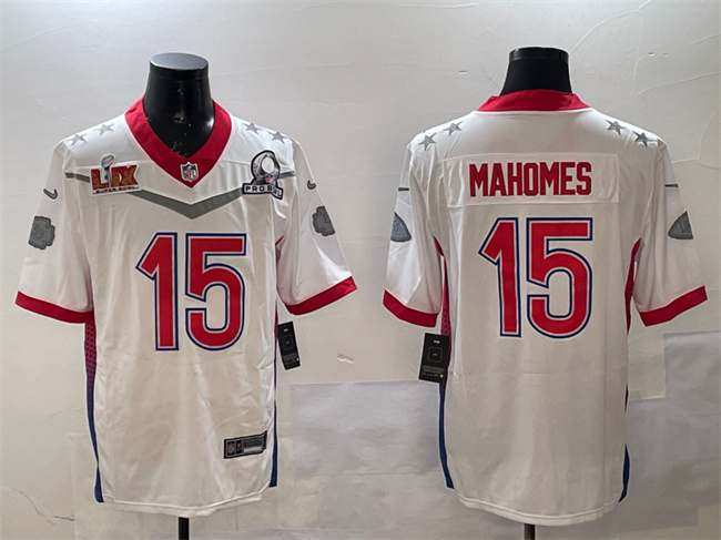 Personalized Men’s Kansas City Chiefs #15 Patrick Mahomes White 2025 Super Bowl LIX Patch Pro Bowl Limited Stitched Football Jersey