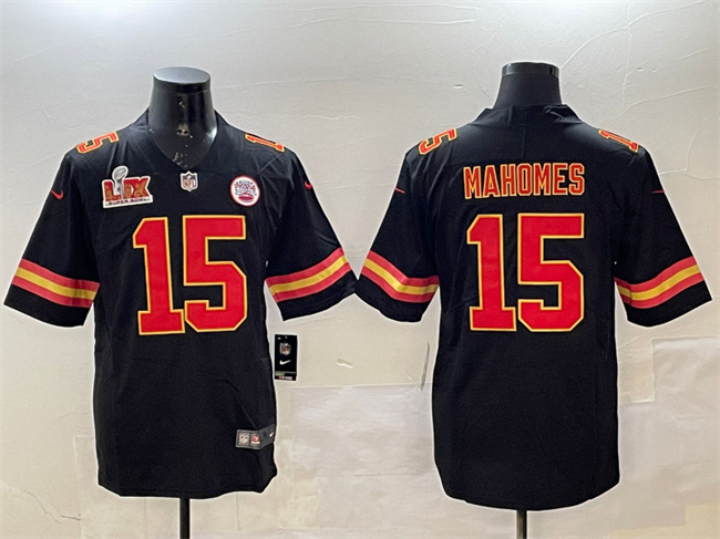 Personalized Men’s Kansas City Chiefs #15 Patrick Mahomes Black 2025 Super Bowl LIX Patch Untouchable Limited Stitched Football Jersey