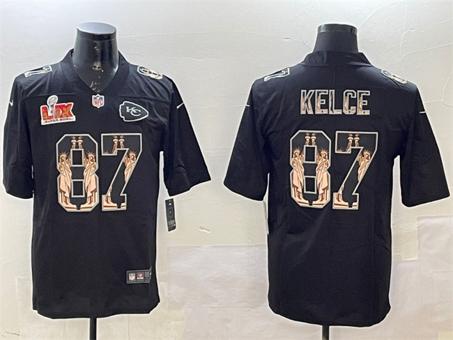 Personalized Men’s Kansas City Chiefs #87 Travis Kelce Black 2025 Super Bowl LIX Patch Statue Of Liberty Limited Stitched Football Jersey