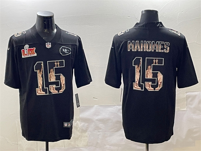 Personalized Men’s Kansas City Chiefs #15 Patrick Mahomes Black 2025 Super Bowl LIX Patch Statue Of Liberty Limited Stitched Football Jersey
