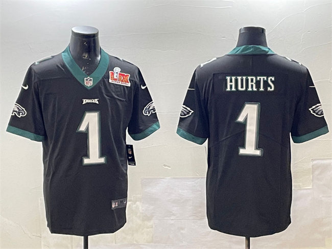 Personalized Men’s Philadelphia Eagles #1 Jalen Hurts Black 2025 Super Bowl LIX Patch Untouchable Limited Stitched Football Jersey