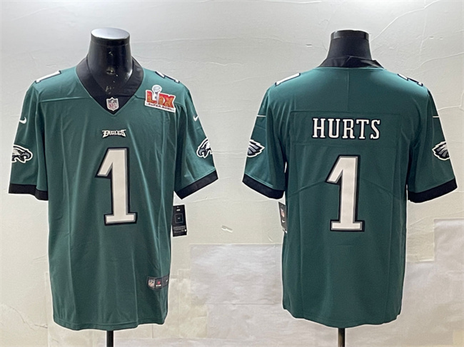 Personalized Men’s Philadelphia Eagles #1 Jalen Hurts Green 2025 Super Bowl LIX Patch Untouchable Limited Stitched Football Jersey