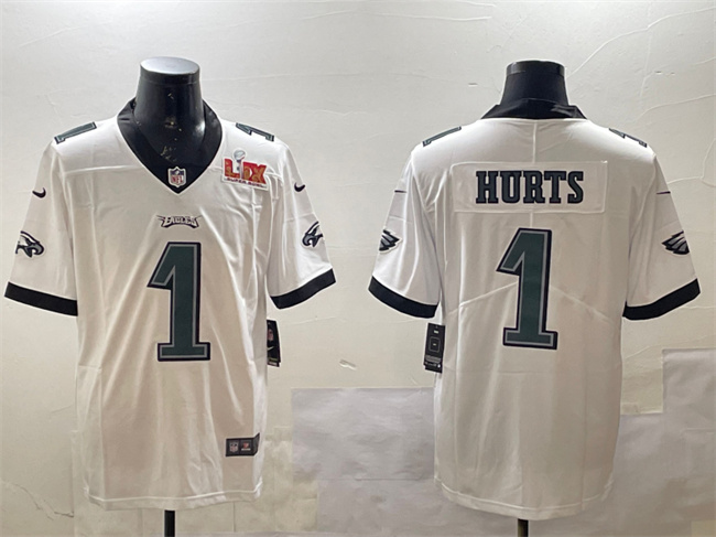 Personalized Men’s Philadelphia Eagles #1 Jalen Hurts White 2025 Super Bowl LIX Patch Untouchable Limited Stitched Football Jersey