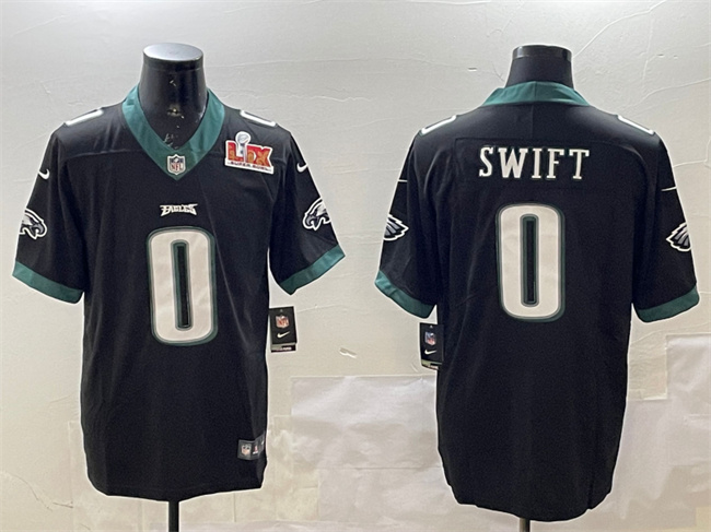 Personalized Men’s Philadelphia Eagles #0 D’Andre Swift Black 2025 Super Bowl LIX Patch Untouchable Limited Stitched Football Jersey