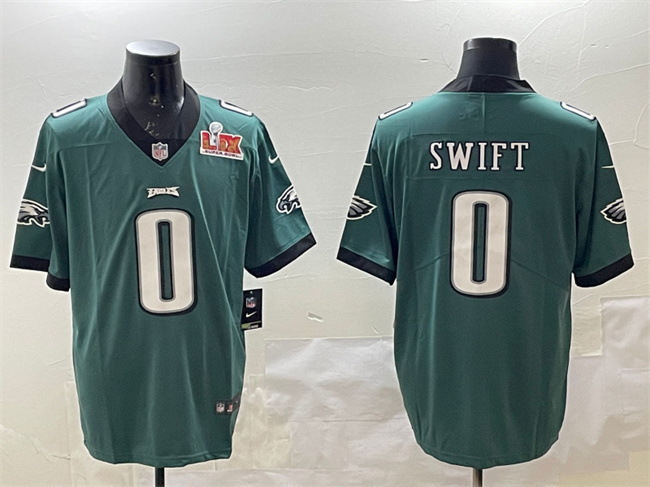 Personalized Men’s Philadelphia Eagles #0 D’Andre Swift Green 2025 Super Bowl LIX Patch Untouchable Limited Stitched Football Jersey