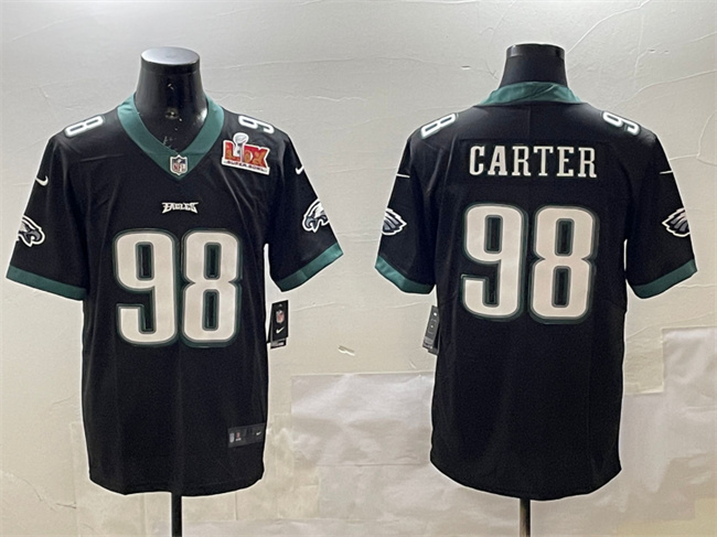Personalized Men’s Philadelphia Eagles #98 Jalen Carter Black 2025 Super Bowl LIX Patch Untouchable Limited Stitched Football Jersey
