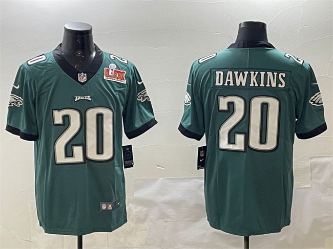 Personalized Men’s Philadelphia Eagles #20 Brian Dawkins Green 2025 Super Bowl LIX Patch Untouchable Limited Stitched Football Jersey