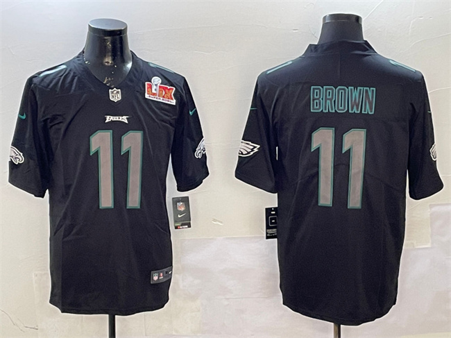 Personalized Men’s Philadelphia Eagles #11 A.J. Brown Black 2025 Super Bowl LIX Patch Impact Untouchable Limited Stitched Football Jersey