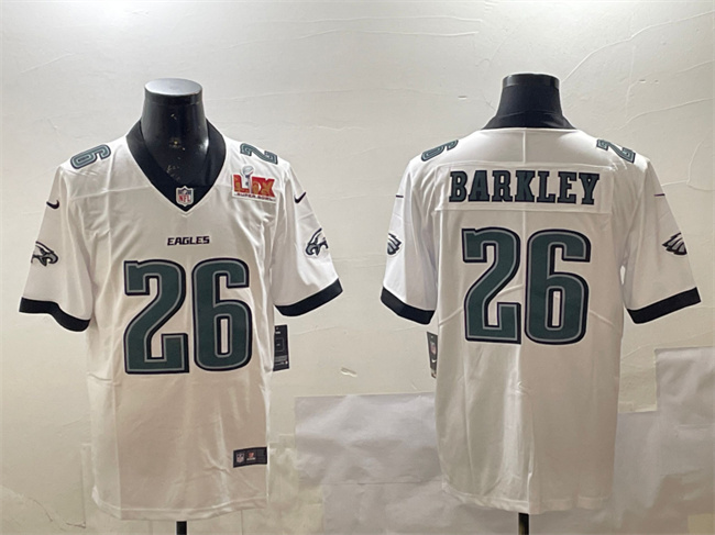 Personalized Men’s Philadelphia Eagles #26 Saquon Barkley White 2025 Super Bowl LIX Patch New Untouchable Limited Stitched Football Jersey