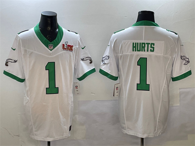 Personalized Men’s Philadelphia Eagles #1 Jalen Hurts White 2025 Super Bowl LIX Patch F.U.S.E. Untouchable Limited Stitched Football Jersey