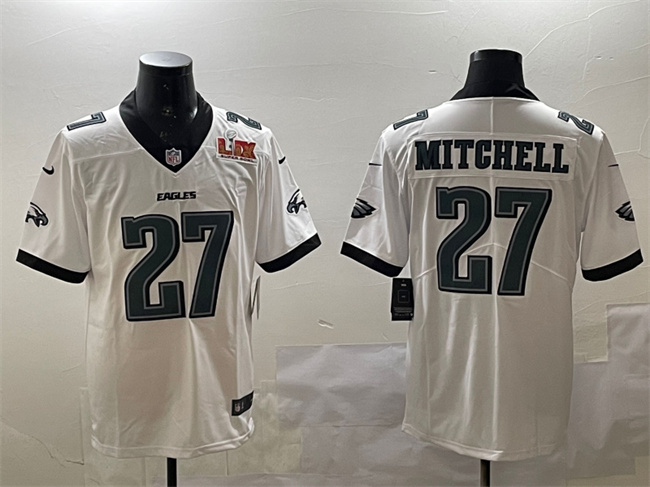 Personalized Men’s Philadelphia Eagles #27 Quinyon Mitchell White 2025 Super Bowl LIX Patch New Untouchable Limited Stitched Football Jersey