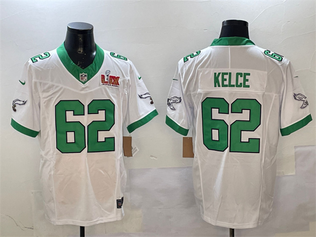 Personalized Men’s Philadelphia Eagles #62 Jason Kelce White 2025 Super Bowl LIX Patch F.U.S.E. Untouchable Limited Stitched Football Jersey