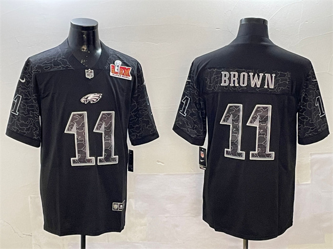 Personalized Men’s Philadelphia Eagles #11 A.J. Brown Black 2025 Super Bowl LIX Patch Reflective Untouchable Limited Stitched Football Jersey
