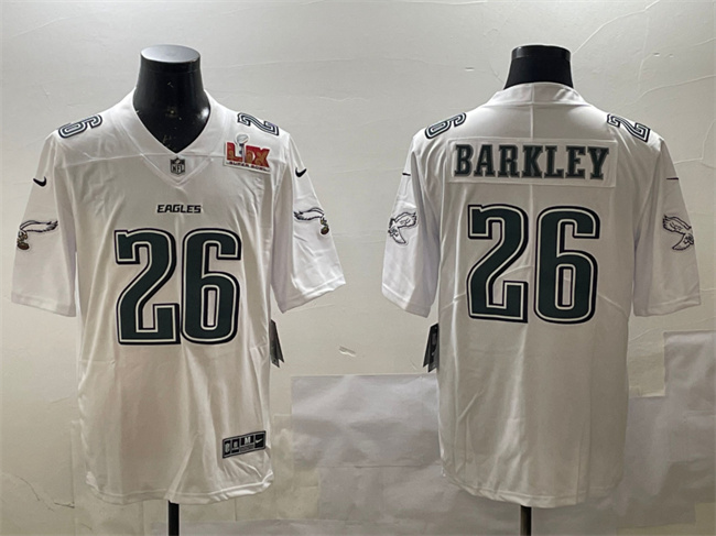 Personalized Men’s Philadelphia Eagles #26 Saquon Barkley White 2025 Super Bowl LIX Patch Fashion Untouchable Limited Stitched Football Jersey