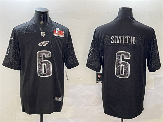 Personalized Men’s Philadelphia Eagles #6 DeVonta Smith Black 2025 Super Bowl LIX Patch Reflective Untouchable Limited Stitched Football Jersey