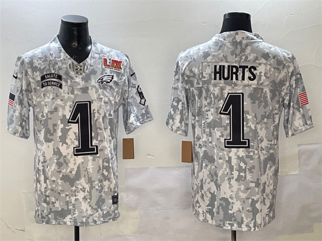 Personalized Men’s Philadelphia Eagles #1 Jalen Hurts Arctic Camo 2025 Super Bowl LIX Patch F.U.S.E Salute To Service Limited Stitched Football Jersey