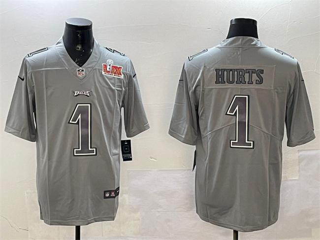 Personalized Men’s Philadelphia Eagles #1 Jalen Hurts Grey 2025 Super Bowl LIX Patch Atmosphere Fashion Untouchable Limited Stitched Football Jersey
